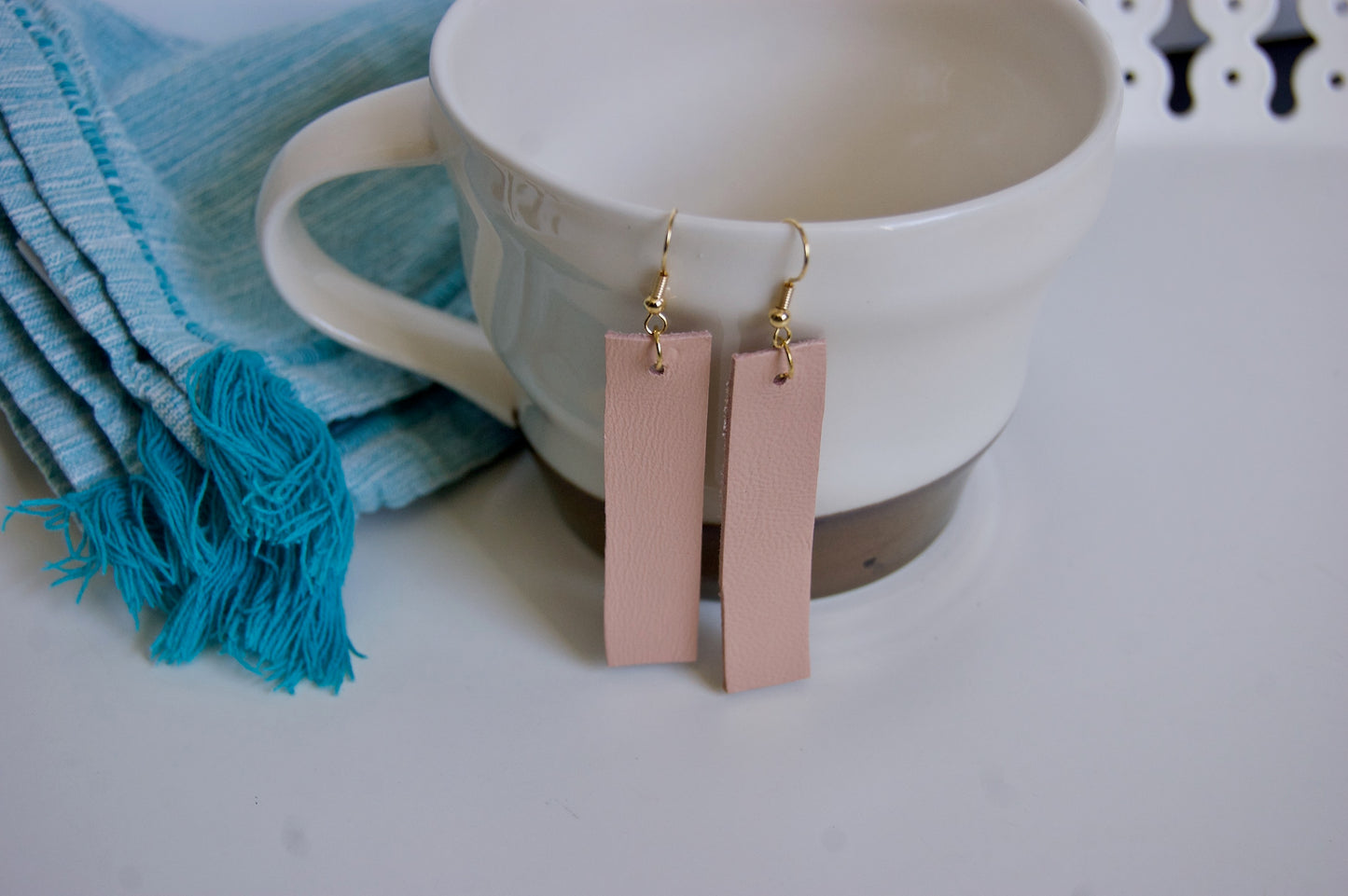 Peach-pink Rectangle Leather earrings