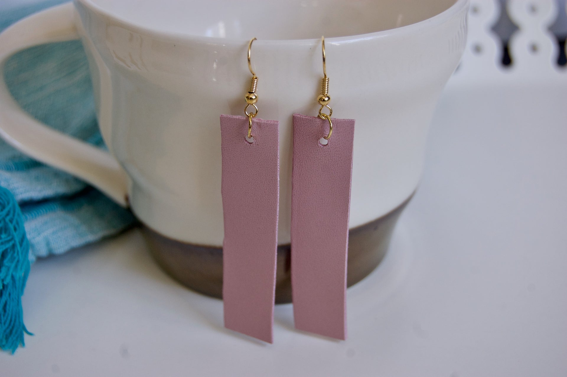 Dusty-pink rectangle leather earrings – Max Kaylee Designs