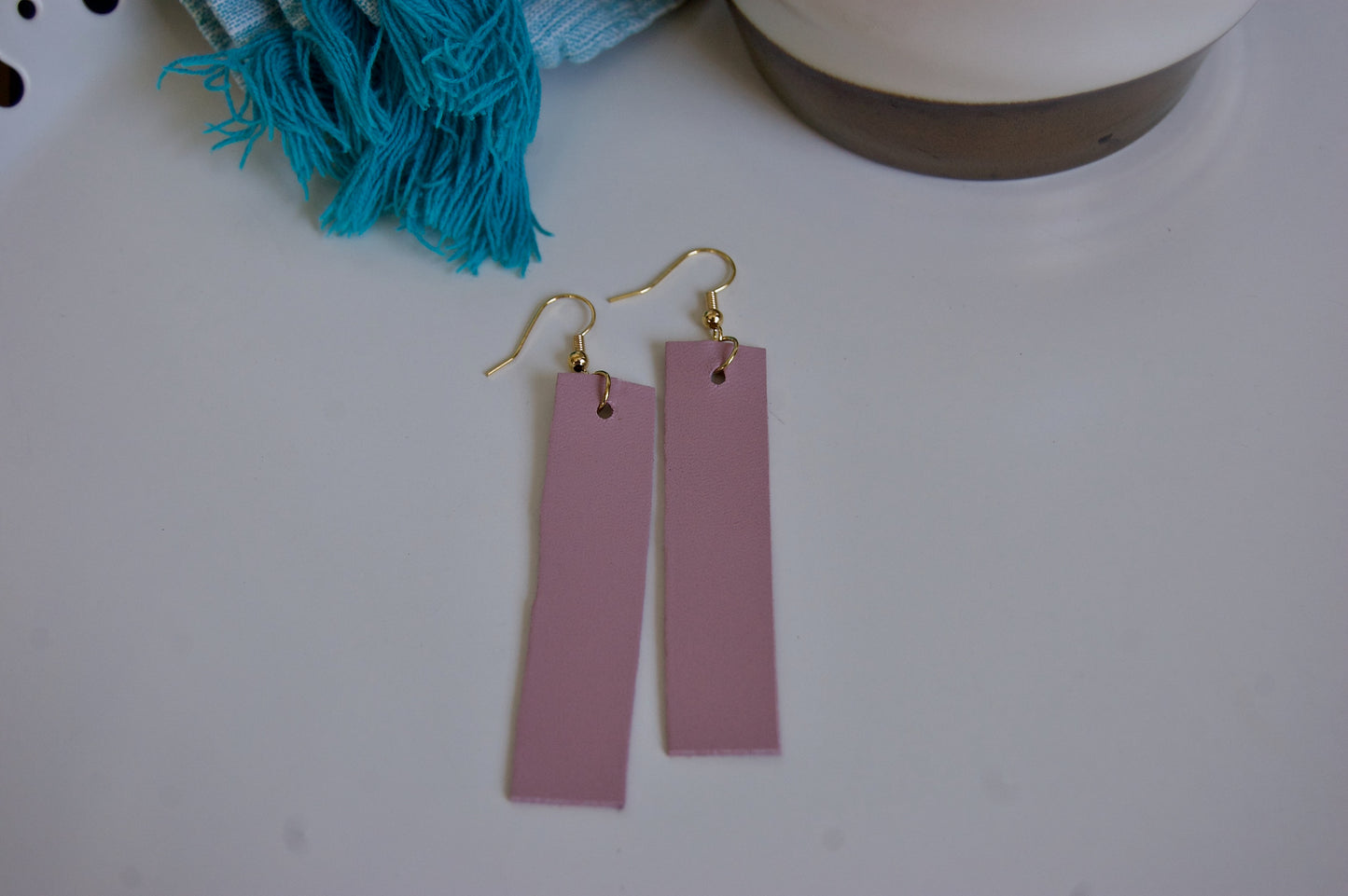 Dusty-pink rectangle leather earrings