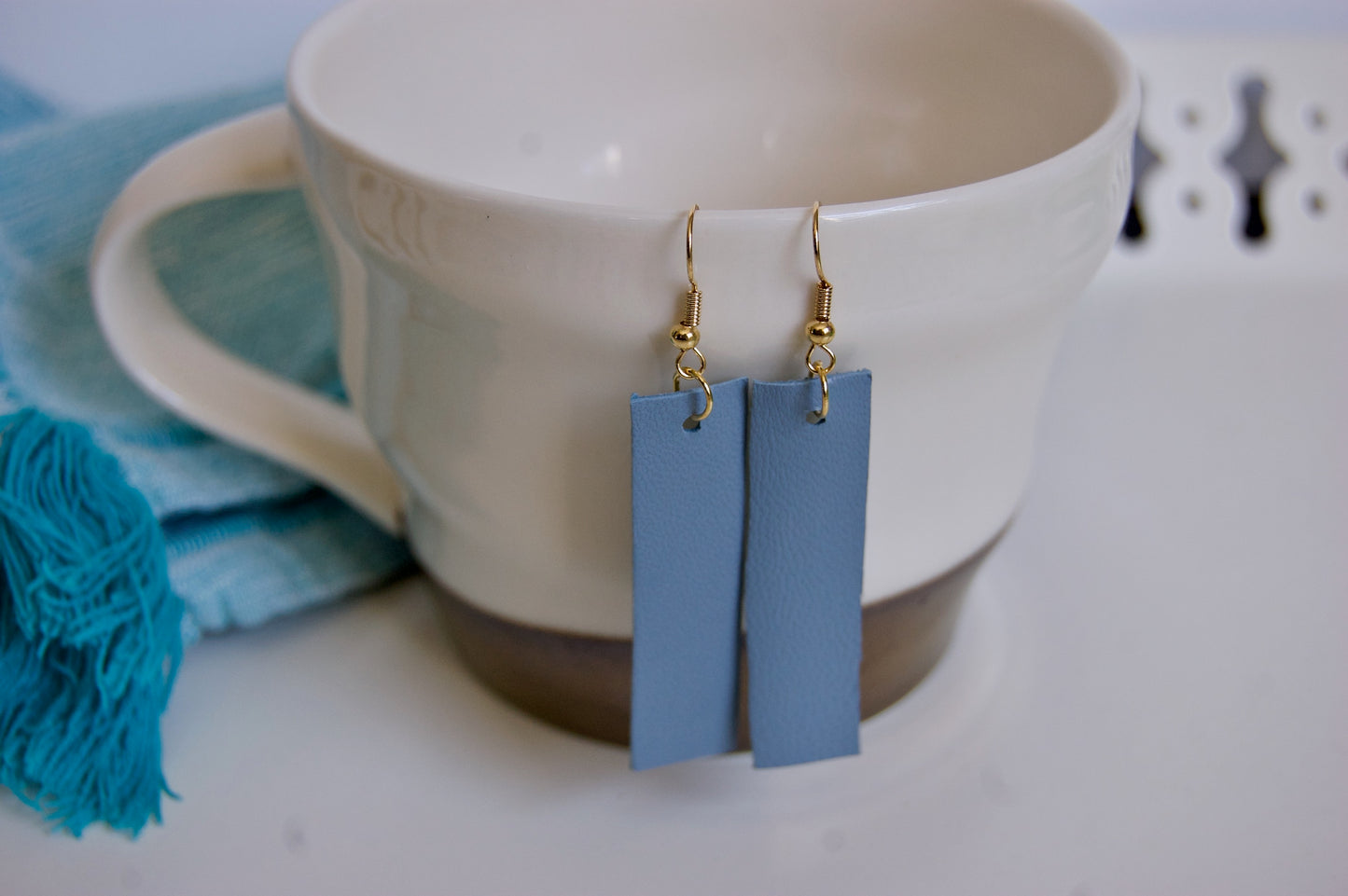 Blue Rectangle Leather Earrings
