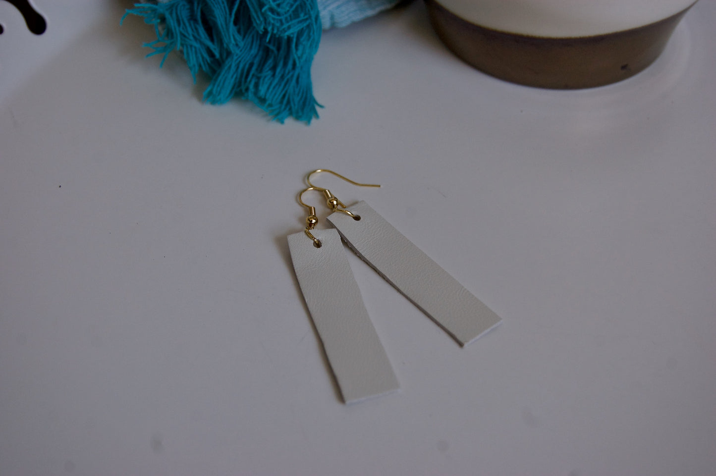 Cream Rectangle Leather Earrings